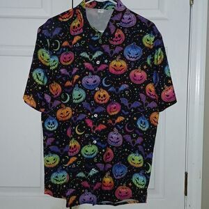 Black bright color pumpkin halloween bat scary party button down shirt Sz L NWT